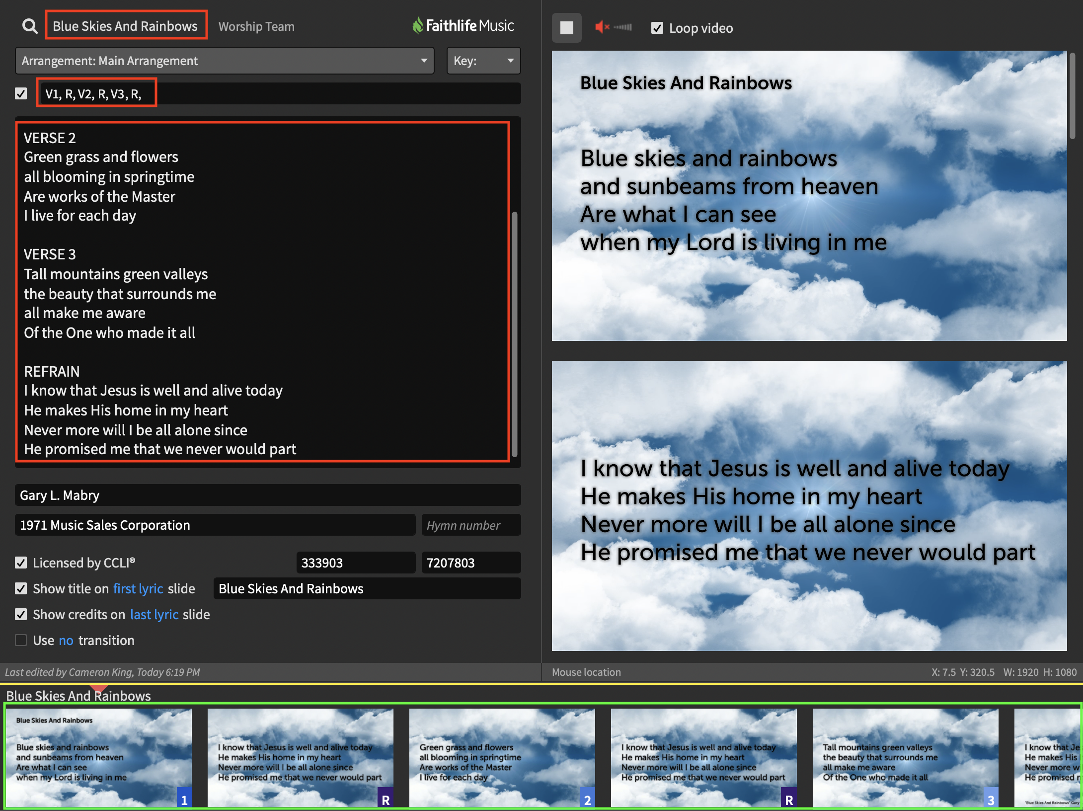 Screenshot of Blue Skies and Rainbows in the Presentation Software Proclaim